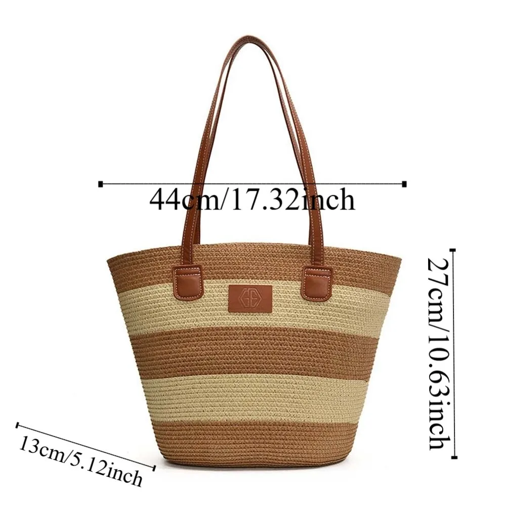 Large Capacity Stripe Woven Tote Bag Polyester Lightweight Shopping Straw Bag Contrast Color Leather Summer Beach Handbag