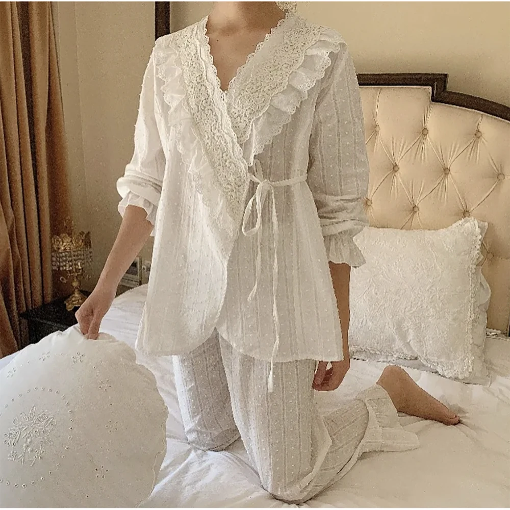 Women\'s Clothing Princess Flower Embroidered Lace Pajama Sets.Vintage White Lace up Pyjamas Suit.Ladies Home Sleepwear Nightwear