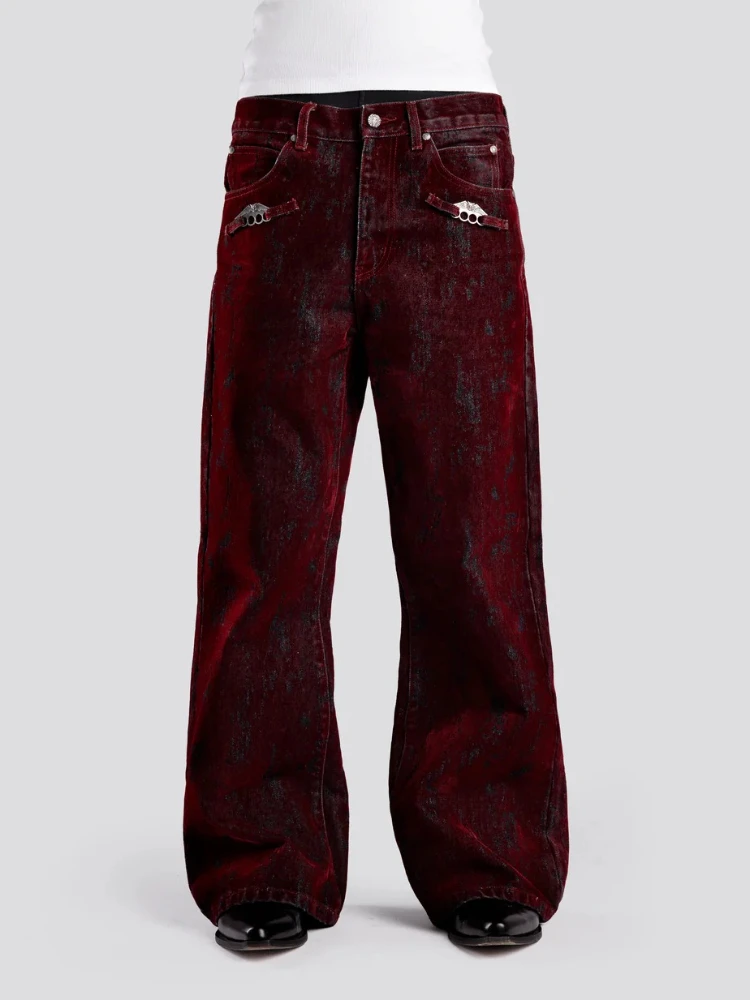 Mens Jeans American Vintage Flocked Flared Denim Pants Harajuku Unisex Loose Fit High Street Streetwear Ins Style Fashion New