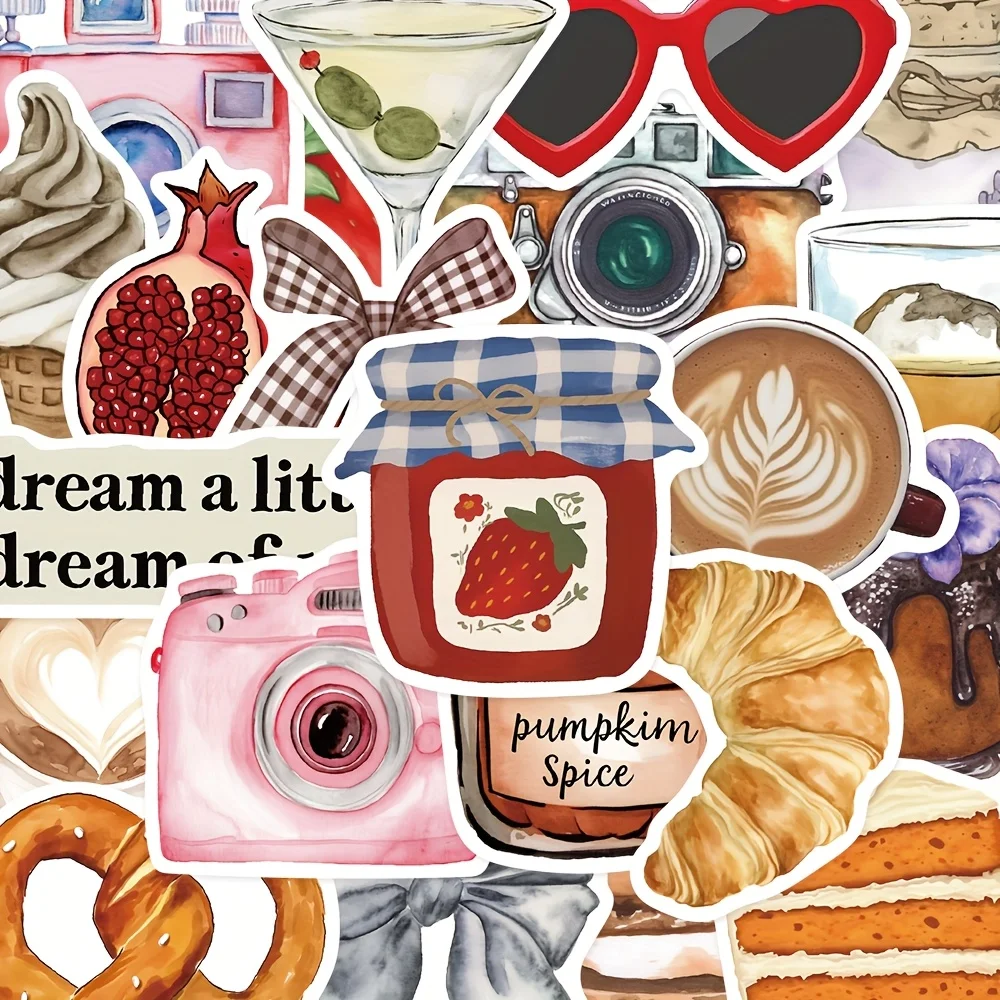 

50pcs Pinterest Inspired Aesthetic Stickers - Whimsical Food & Camera Design, Mixed Colors, Self