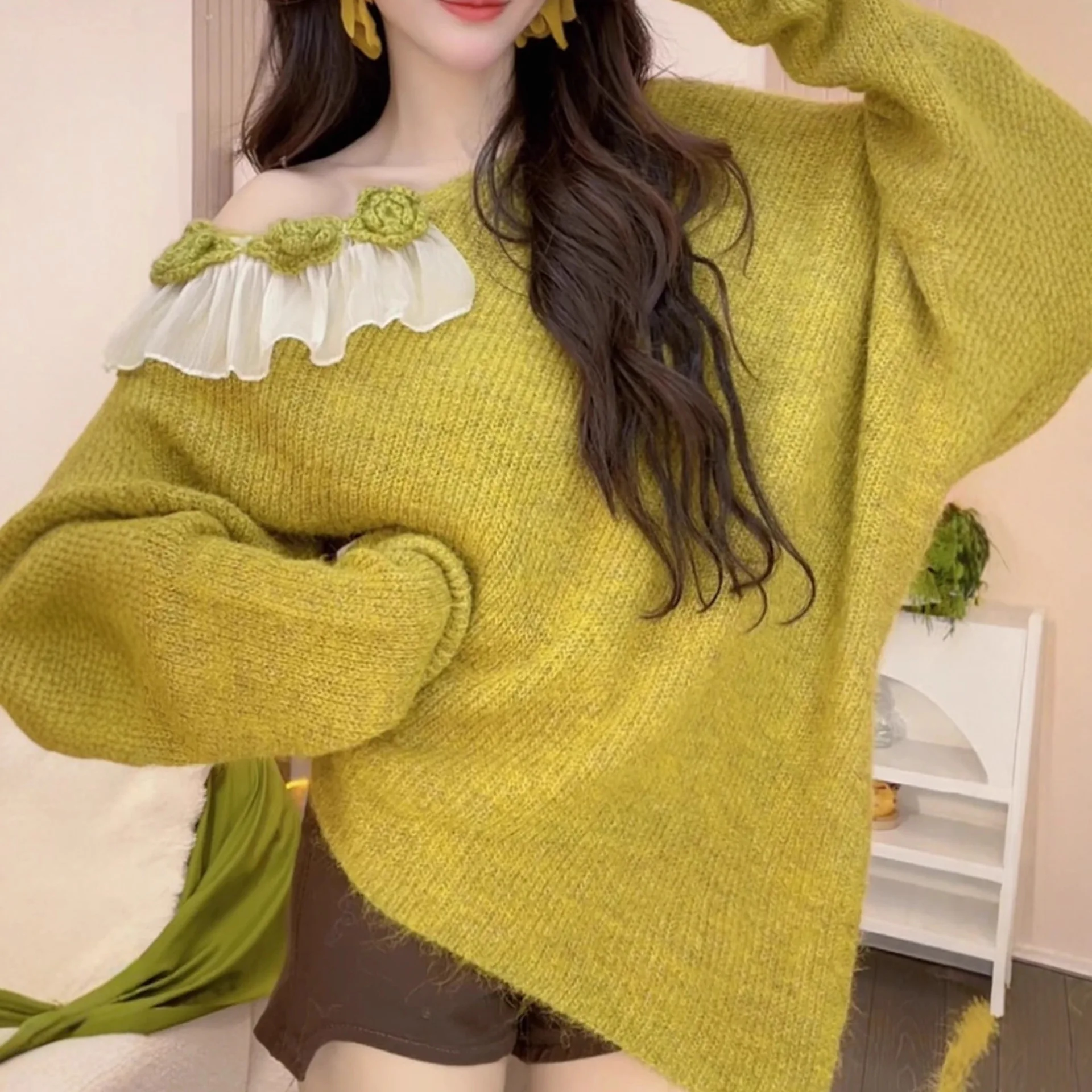 

Women Solid Pullovers Jumpers 3D Flowers Sweaters Mesh Spliced O Neck Long Sleeve Loose Office Lady Casual 2025 Autumn Winter