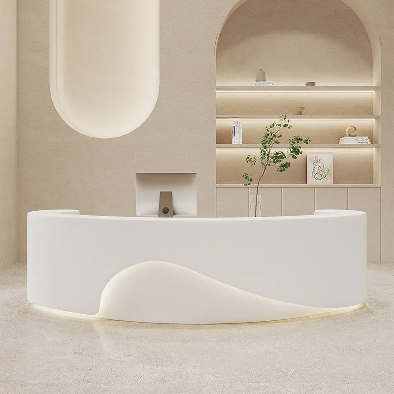 Arc shaped custom LOGO reception desk atmosphere lamp super large storage space beauty center salon home furniture accessories