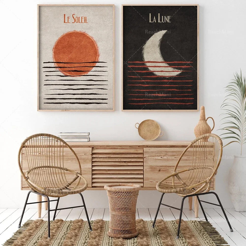 

Sun and moon wall art, day and night art, mid-century landscape, burnt orange wall decoration, bedside print decoration poster