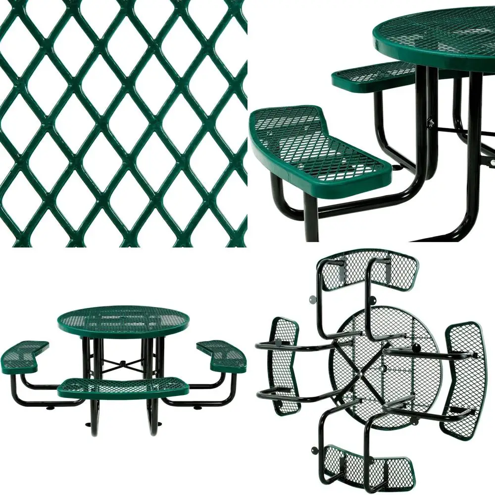 

46" Round Picnic Table, Expd Metal, Green Thermoplastic Coating, Attached Benches, 1-1/2” Umbrella Pole Hole, Outdoor-Rated, 100