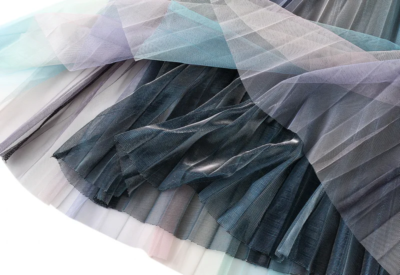 Fashion Gradient Two Layers Gauze High Waisted Mesh Skirt Women Slim Casual Pleated Design Sagging Sensation Lady Pleated Skirt