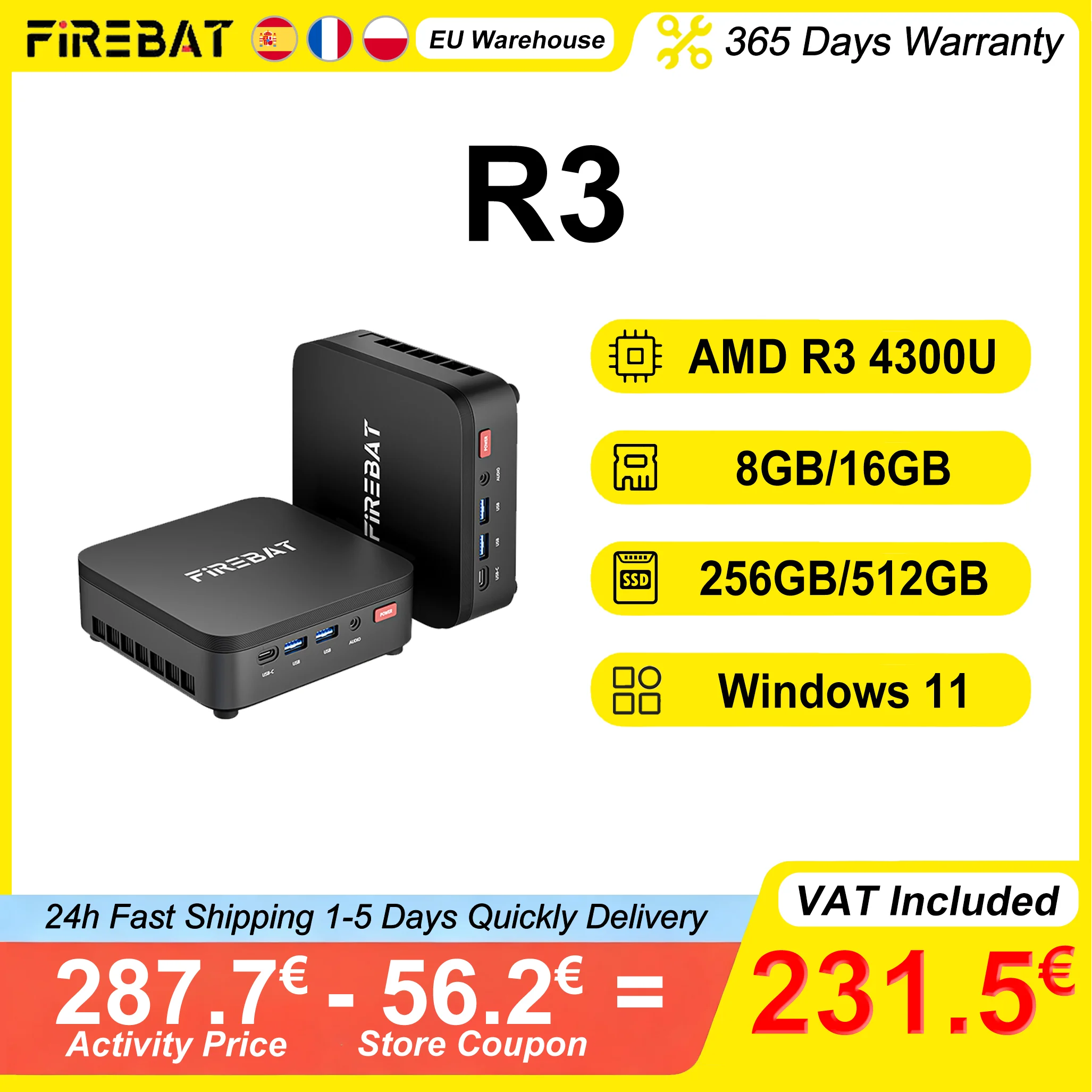 FIREBAT R3 MINI PC AMD Ryzen 3 4300U 8GB/16GB LPDDR4 RAM 256GB/512GB SSD Windows 11 WIFI6 Bluetooth5.2 HDMI