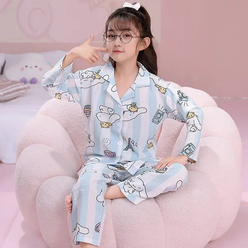 Sanrio jade canela cão outono novo algodão puro longo conjunto de duas peças pijamas femininos das crianças pijamas de seda loungewear feminino