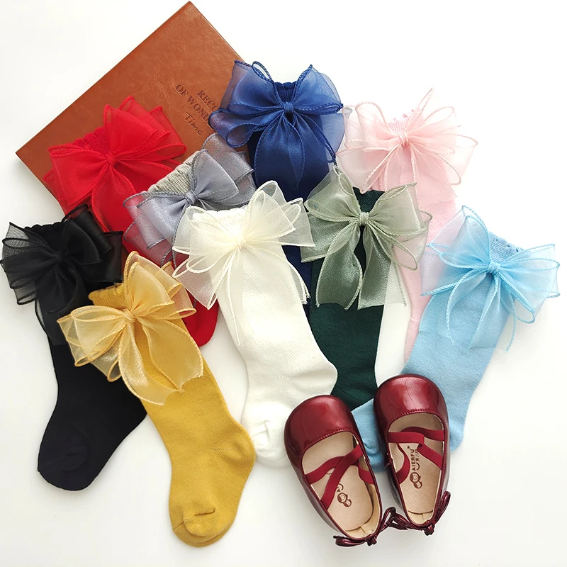 Ins Fashion Princess Girls Knee High Socks With Silk Bows Infant Baby Stocking Cotton 12 Color Children Dressing Sock  School