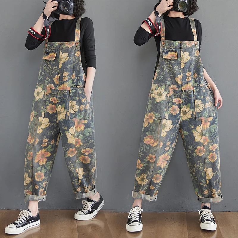 Casual Loose Oversize Jeans Jumpsuits Women Spring Autumn Print Floral Denim Overalls Wide Leg Dungarees Straps Baggy Pants