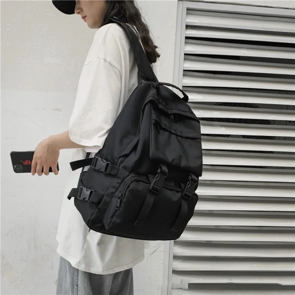 Casual Large Capacity Students Backpack Harajuku Multi Pocket Canvas School Bag Nylon Solid Color Shoulders Bag Girls Boys