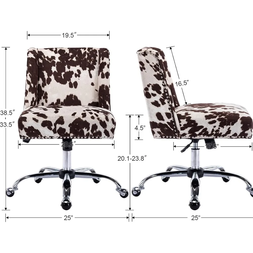 Adjustable Swivel Fabric Chair for Home Office and Living Spaces: Armless Upholstered Accent Chair with Cow Print