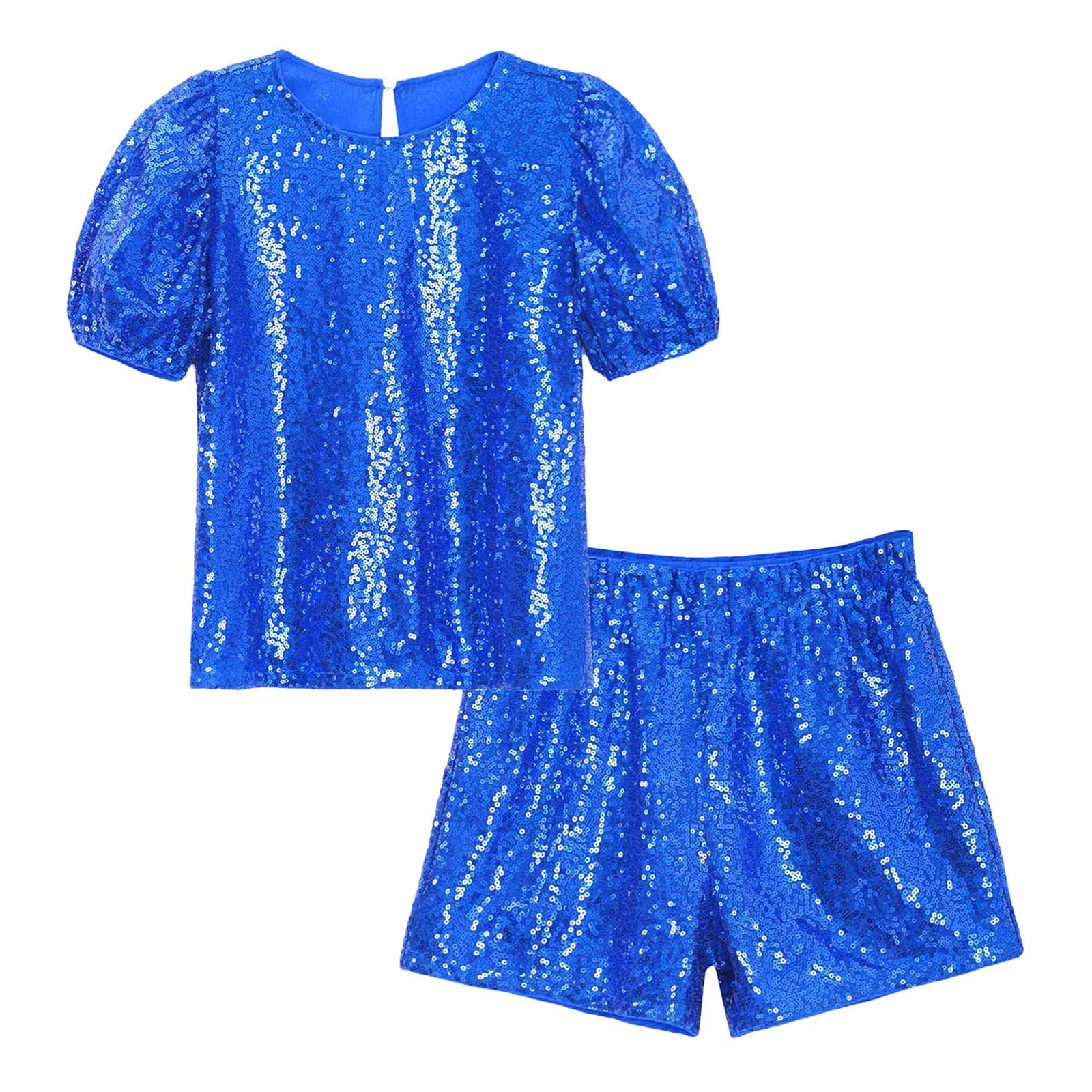 Kids Girls Latin Jazz Dance Sets Short Puff Sleeves Shiny Sequins Top with Shorts for Cheerleading Stage Performance Competition