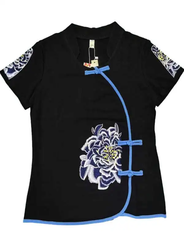 Cseta de Verano de Aodón con Bordado, Manga Corta, Corte Ajustado para Mujer, Estilo Vintage, Cuello Alto con Botones, B...