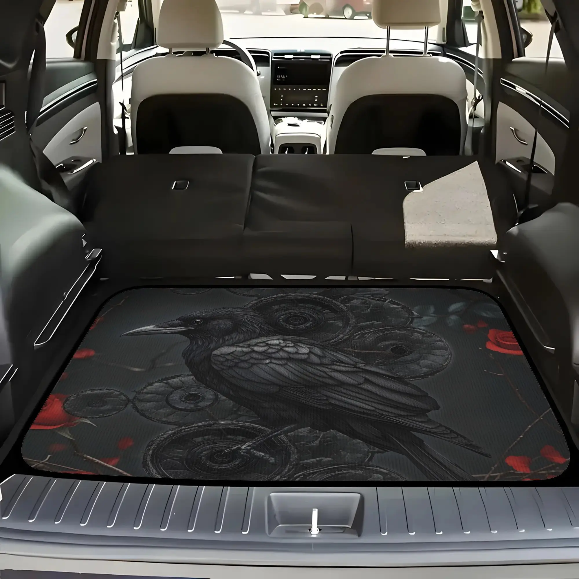 5pcs The Raven's Enigmatic Perch Among Crimson Roses And Intricate Spiral Patterns Universal Car Floor Mats And Trunk Mats, Suit