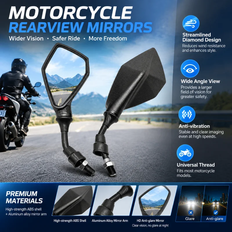2pcs 10mm Wide Angle Adjustable Motorcycle Rearview Mirrors Flexible Bike  Side View Mirrors for Bicycle Rear View Safe