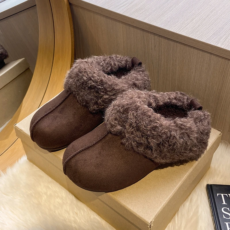 Girls Winter Furry Ankle Boots Suede Upper Warm Plush Lined Slip on Snow Boots Non Slip Soft Sole Casual Winter House Shoes