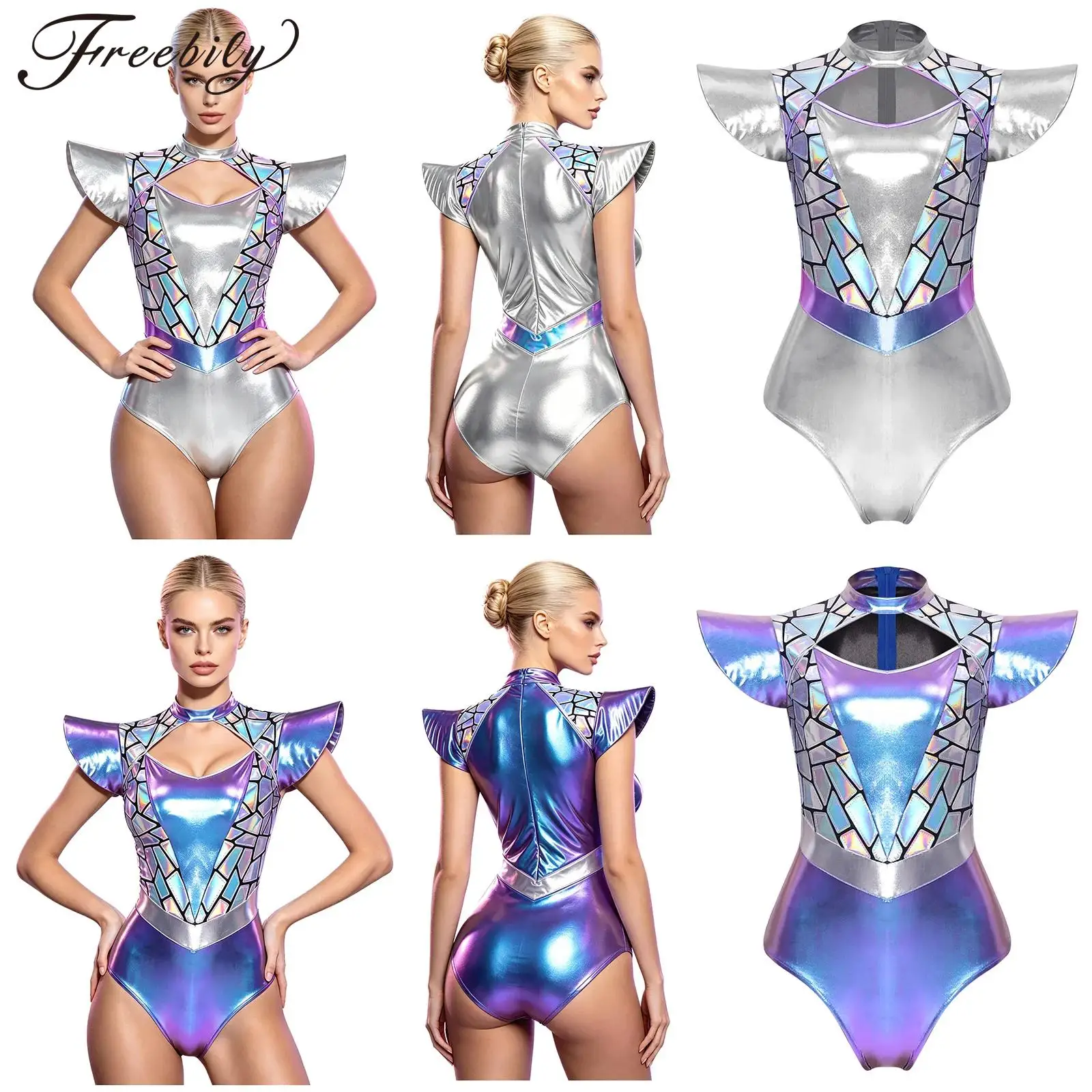 Women Halloween Alien Robot Cosplay Dress Up Fly Sleeve Metallic Bodysuit Gradient Sequins Front Cutout Leotard
