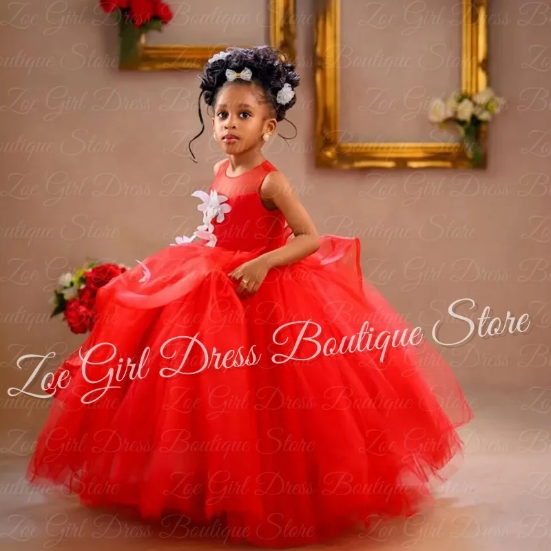 

Красные платья с цветочным узором для девочек с круглым вырезом на свадьбу, бальные платья принцессы без рукавов с бабочками, бальные платья на день рождения для маленьких девочек по индивидуальному заказу