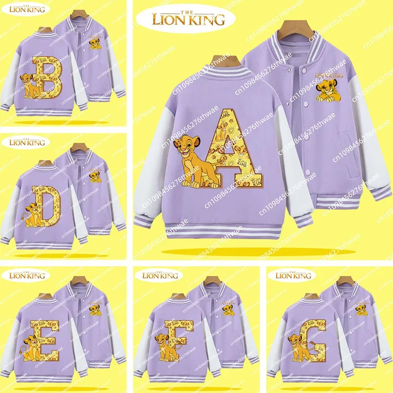 

Children's baseball uniform jacket with Lion King letters A-Z for boys and girls, casual sportswear, spring and autumn jacket