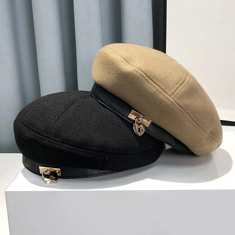 Fashion metal heart button beret women autumn winter wool bud hat British vintage Japanese niche design painter hat