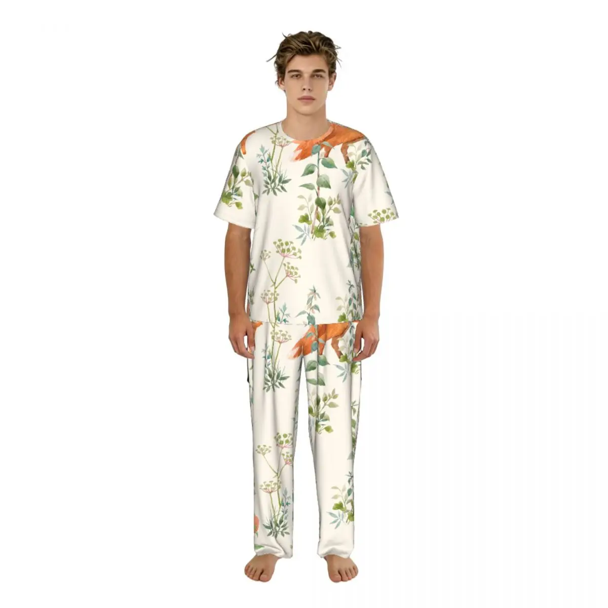 

Мужская пижама с короткими рукавами, комплект из двух предметов: брюки и рубашка, с иллюстрацией лесных растений и лисы, домашний костюм, одежда для сна.