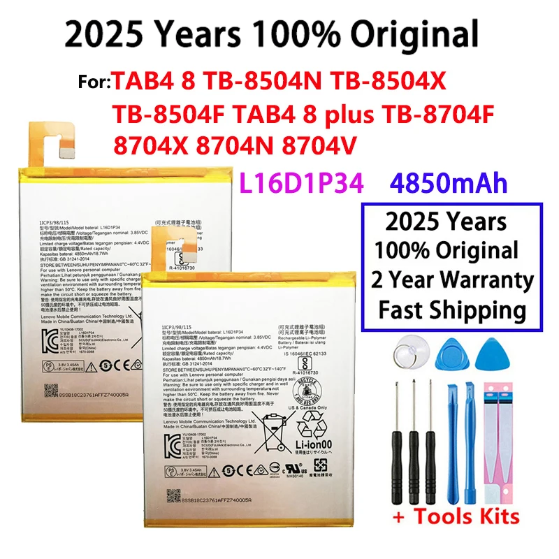

2025 Year Original Battery L16D1P34 For Lenovo TAB4 8 TB-8504N TB-8504X TB-8504F TAB4 8 plus TB-8704F 8704X 8704N Tablet Bateria