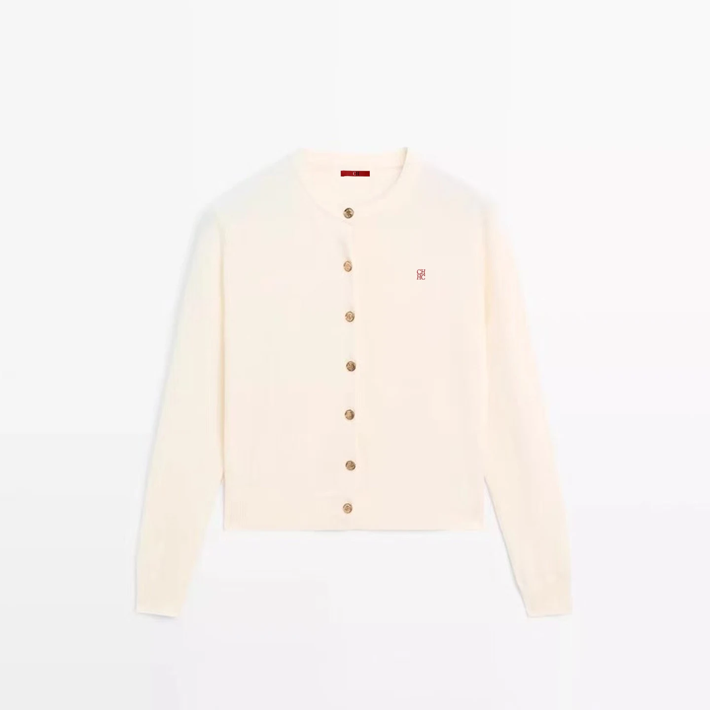 CH Round Neck Knit Cardigan Full Button Closure Subtle Chest Embroidery Ribbed Sleeve Edge Loose Silhouette Daily Top
