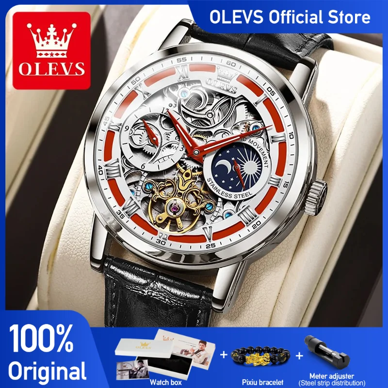 OLEVS Men\'s Watches Fashion Hollow Out Automatic Menchanical Original Wristwatch Waterproof Leather Strap Luminous Moon Phase