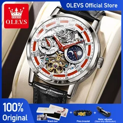 OLEVS Relógio automático para homens, relógio de pulso original, impermeável, pulseira de couro, fase luminosa da lua, moda