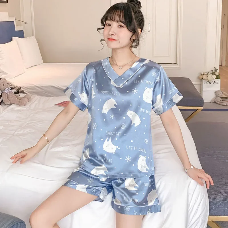 

Two Sets Of Ladies Pajamas Suit Summer Ice Silk Short-Sleeved Korean Version Of The Sexy Thin Section Large Size Homewear Girls