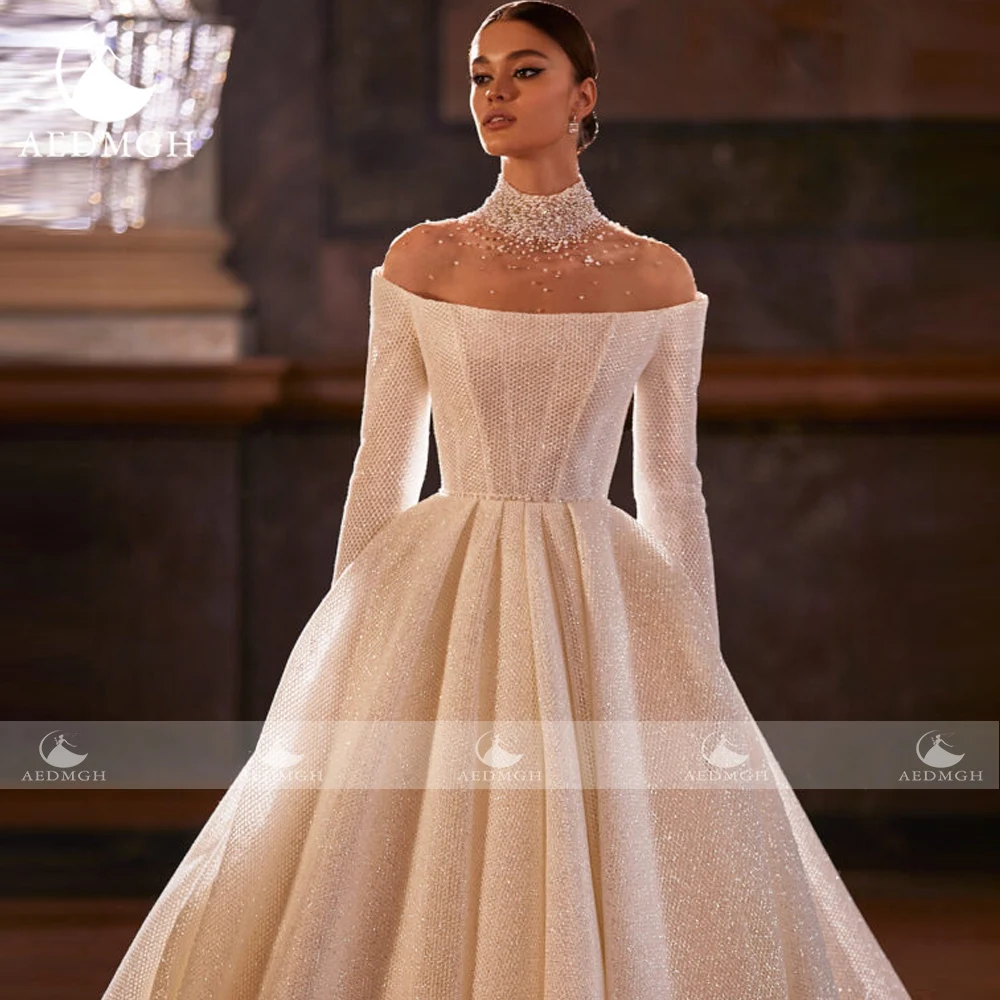 Aedmgh A-Linie Vintage Brautkleider U-Boot-Ausschnitt Langarm Vestido De Novia Eleganter glänzender Hofzug Maßgeschneidertes Brautkleid