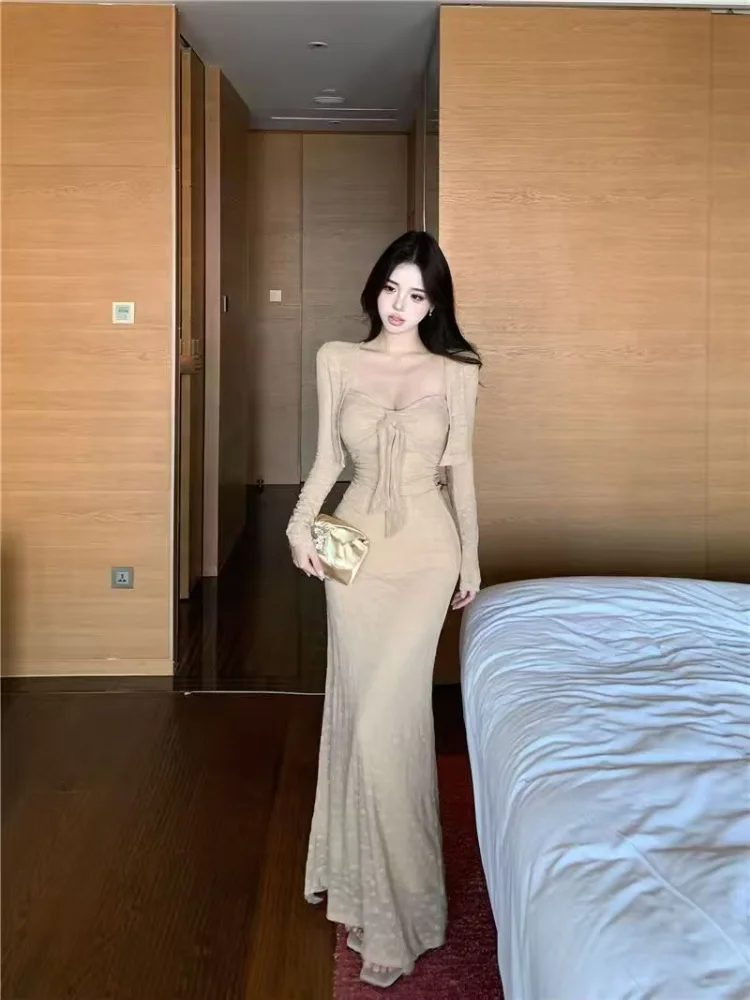Dress Set Women's Clothing 2 Piece Sets Long Sleeve Cardigan Tops Bandage V-neck Backless Bodycon Maxi Dresses Suit Sexy Outfits