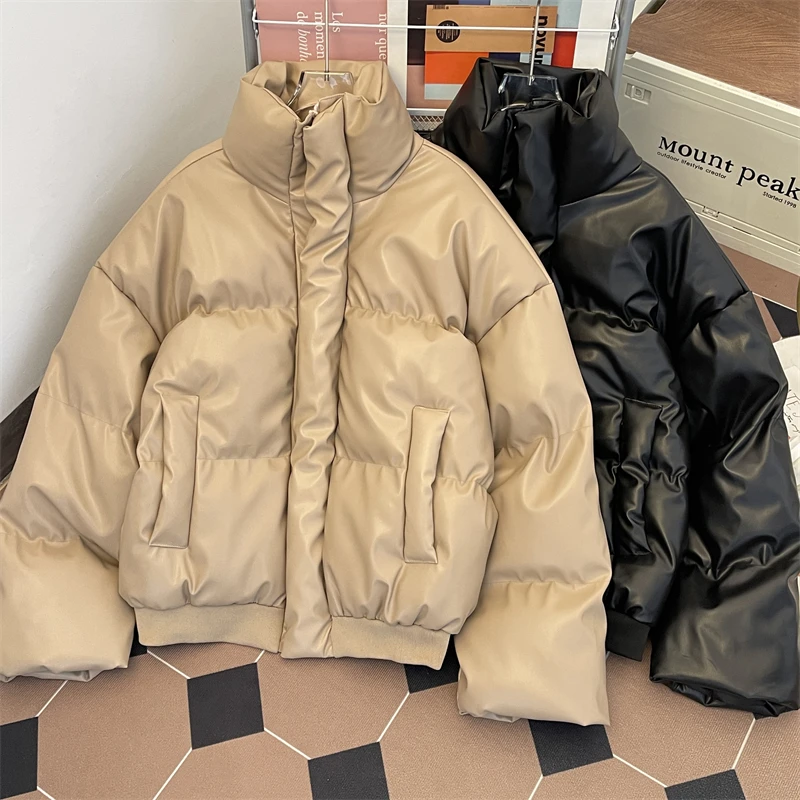 Fashion Men's PU Cotton Jacket American Retro Stand Up Collar Thick Coat Winter Casual Fashion Solid Color Simple Warm Jackets