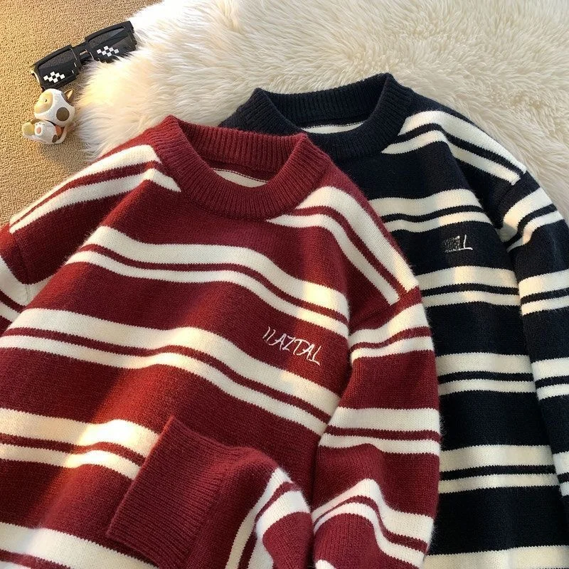 Thiened een Stripes Knitted Sweater Men's Autumn Winter Color Blo round Ne American Lazy Sle Outerwear for Teens