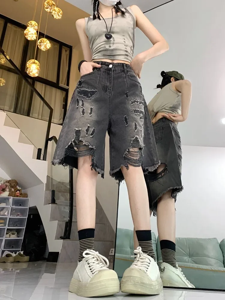 Pantalones cortos vaqueros con agujeros Vintage americanos para mujer, pantalones cortos de pierna ancha de cintura alta de verano, nuevos pantalones rectos sueltos de cinco puntos 2025