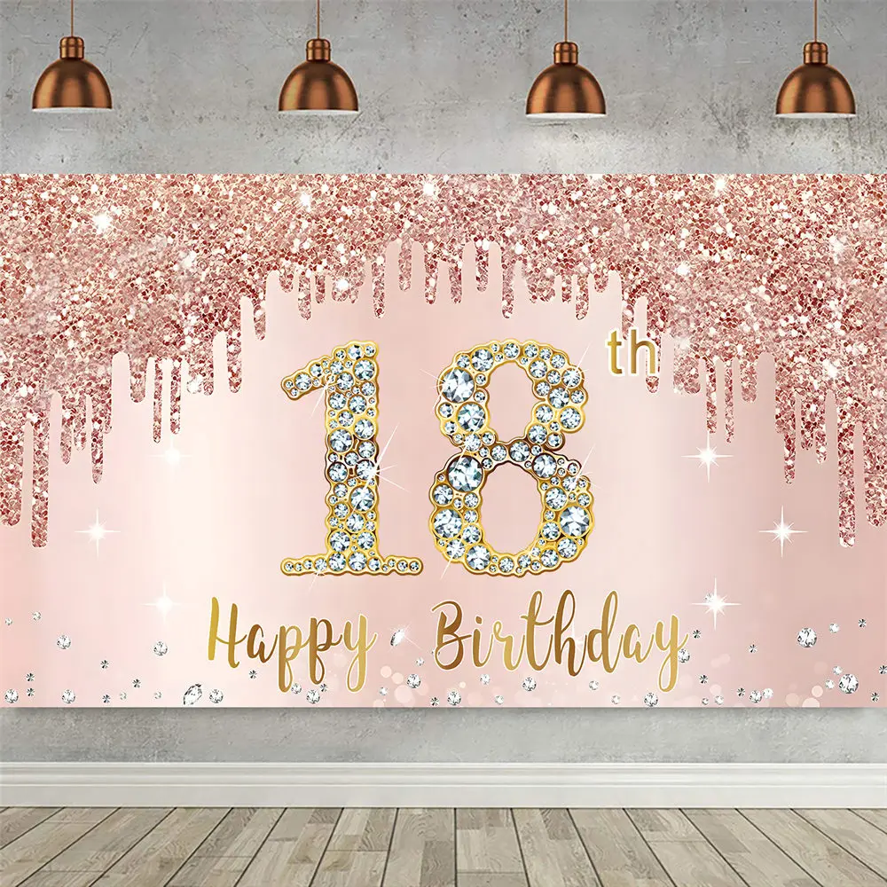 

Happy 18th Birthday Backdrop for Girls Pink Rose Gold Glitter Photo 18 Years Old Party Banner Decoration Booth Poster Background