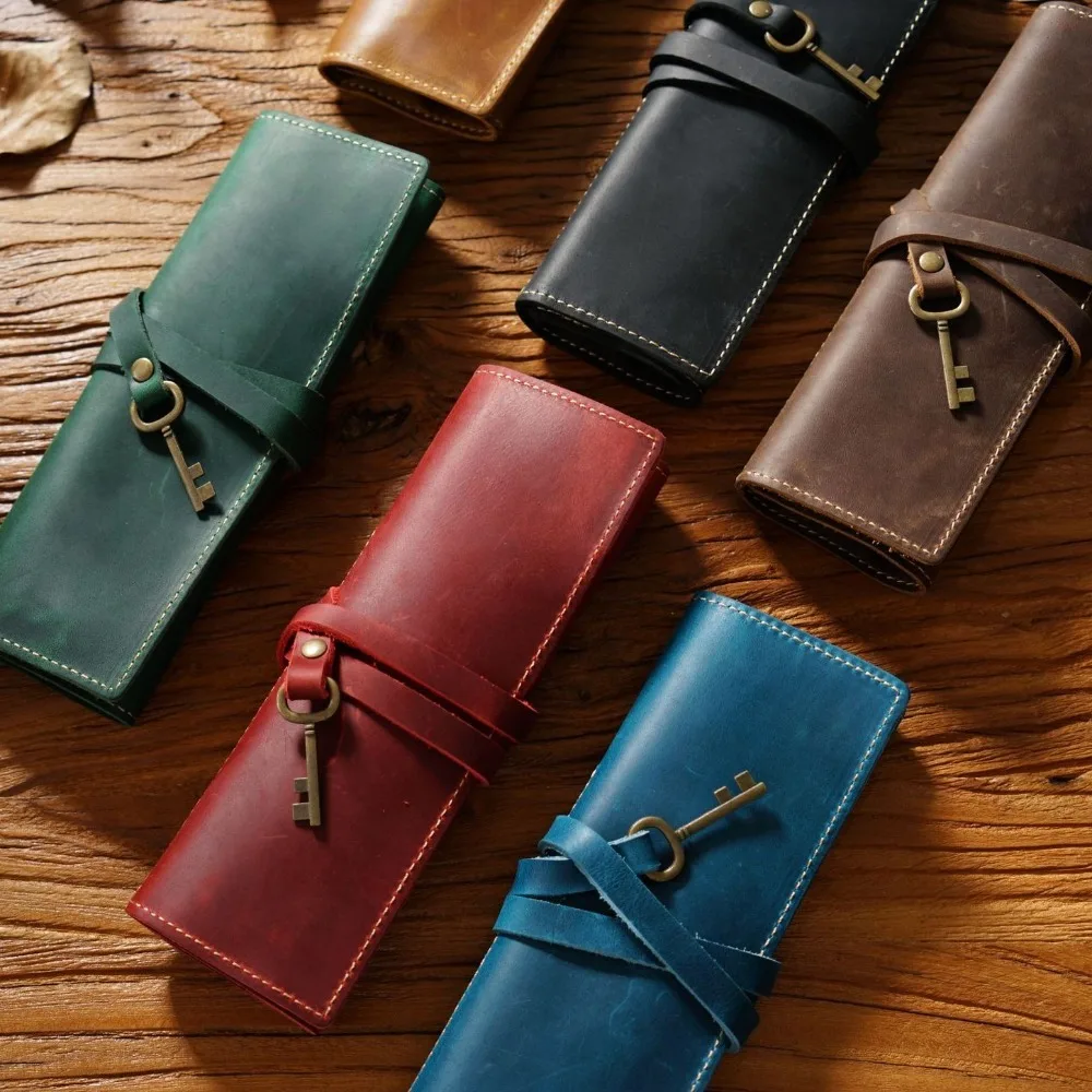 

Genuine Leather Genuine Leather Pencil Case Tie Rope Creative Foldable Leathe Pencil Bag Retro Foldable