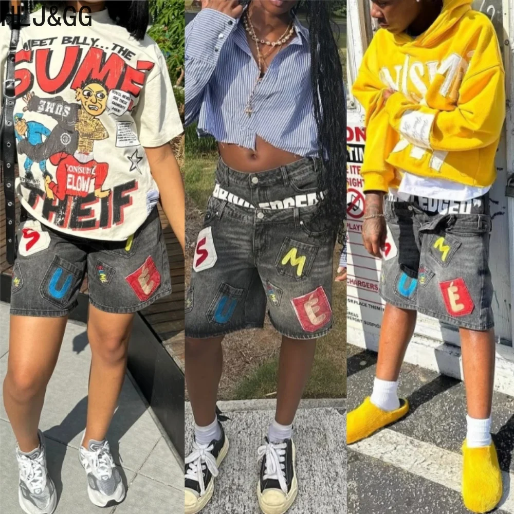

HLJ&GG Fashion Splicing Letter Retro Jeans Shorts Women High Waist Button Straight Denim Shorts Female Trend Streetwear Bottoms