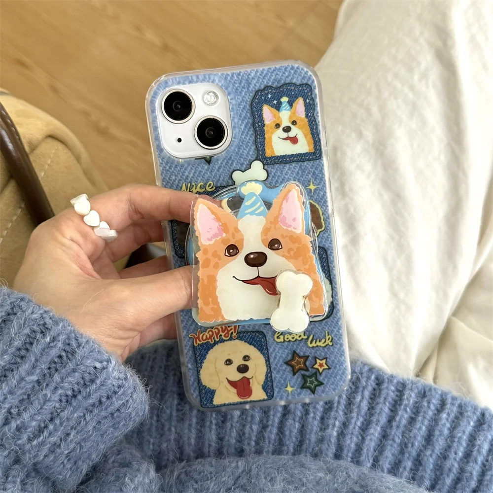 

Korean Cute Cartoon Love Puppy Transparent Holder Phone case For iPhone 16 15 14 13 ProMax Magnetic Soft Cover 15pro 15