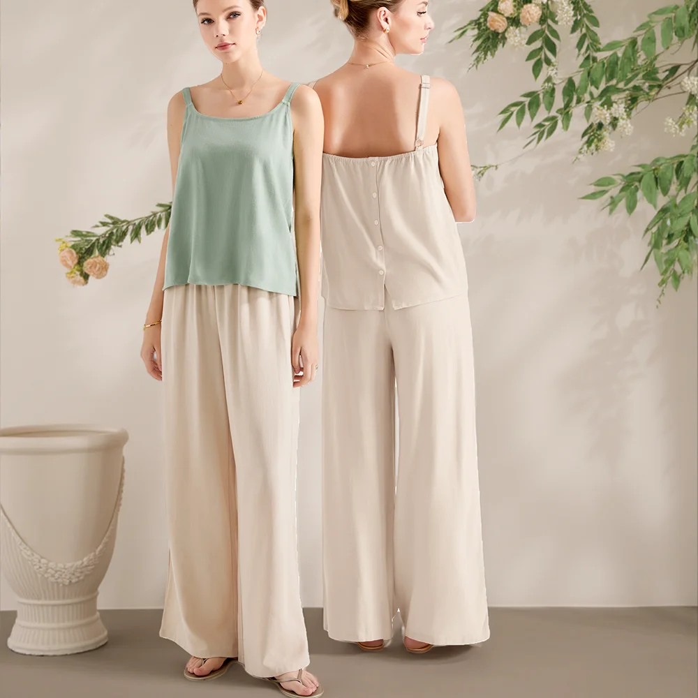 

Женский пижамный комплект из двух предметов для отдыха, однотонный топ на бретелях, пуловер, топ, широкие брюки, удобный повседневный комплект для отдыха для женщин