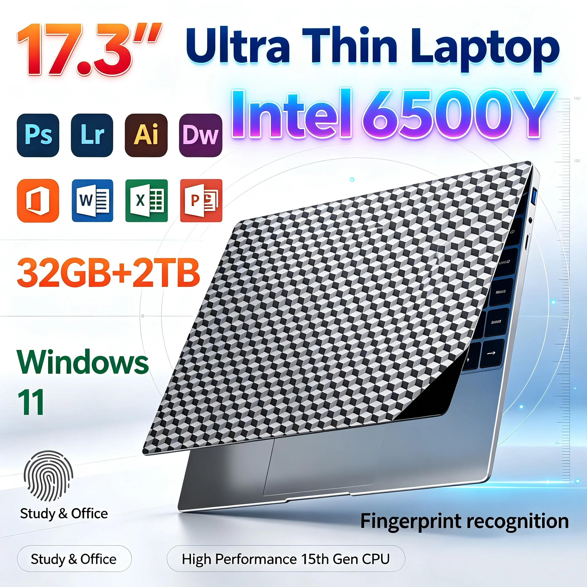 Large Screen 17.3'' Inch Portable Laptop Intel Core 6500Y 32GB RAM 1TB/2TB SSD Windows11 WiFi6 BT5.2 Household Work Notebook