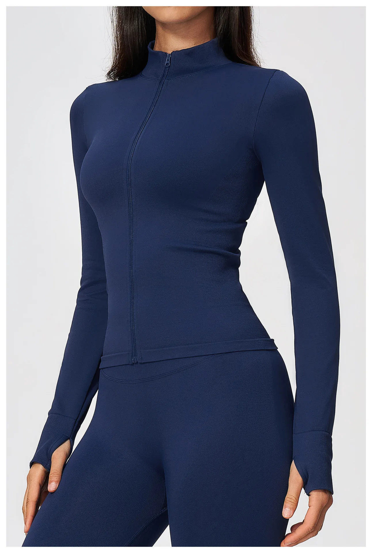 Women's Seamless Long Sleeve Yoga Top Ribbed High Neck Full Zip Slim Fit Sports Jacket Thumb Hole Workout Gym Running Activewear