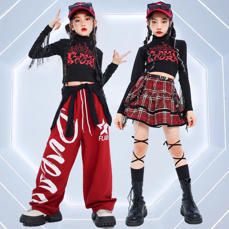 

Hip Hop Girls K-pop Crop Top Street Dance Cargo Pants Plaid Skirts Kids Streetwear Costume Children Jazz Cheerleader Clothes Set