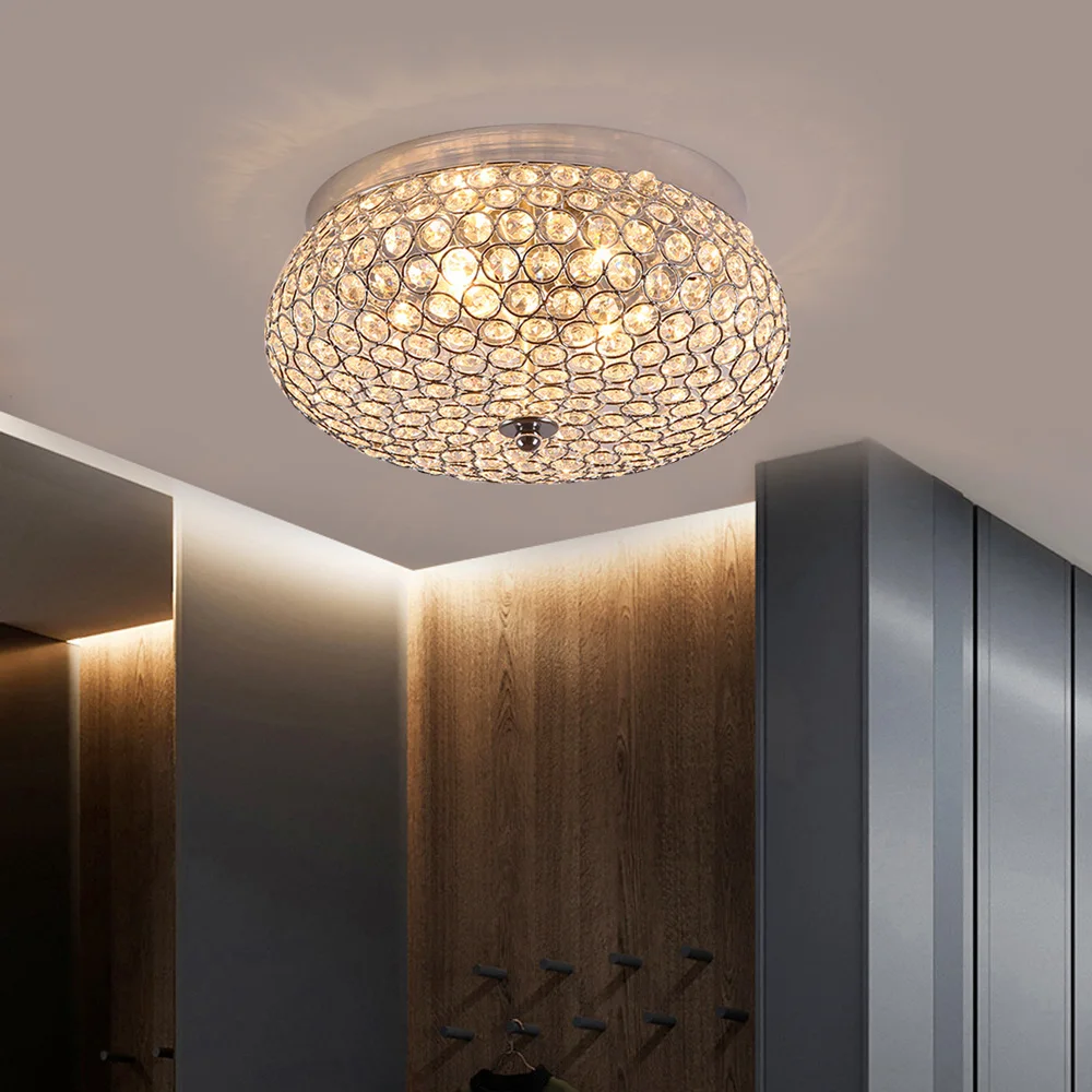 Crystal Ceiling Light LED Modern Luxury Flush Mount Chandelier Home Decor Lighting Fixture for Living Room Bedroom Round 30cm