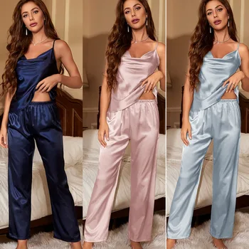 DNLin Thin Ice Silk Pajamas Women's Loungewear Set Sling Top and Sleep Pants Fashion Sexy…
