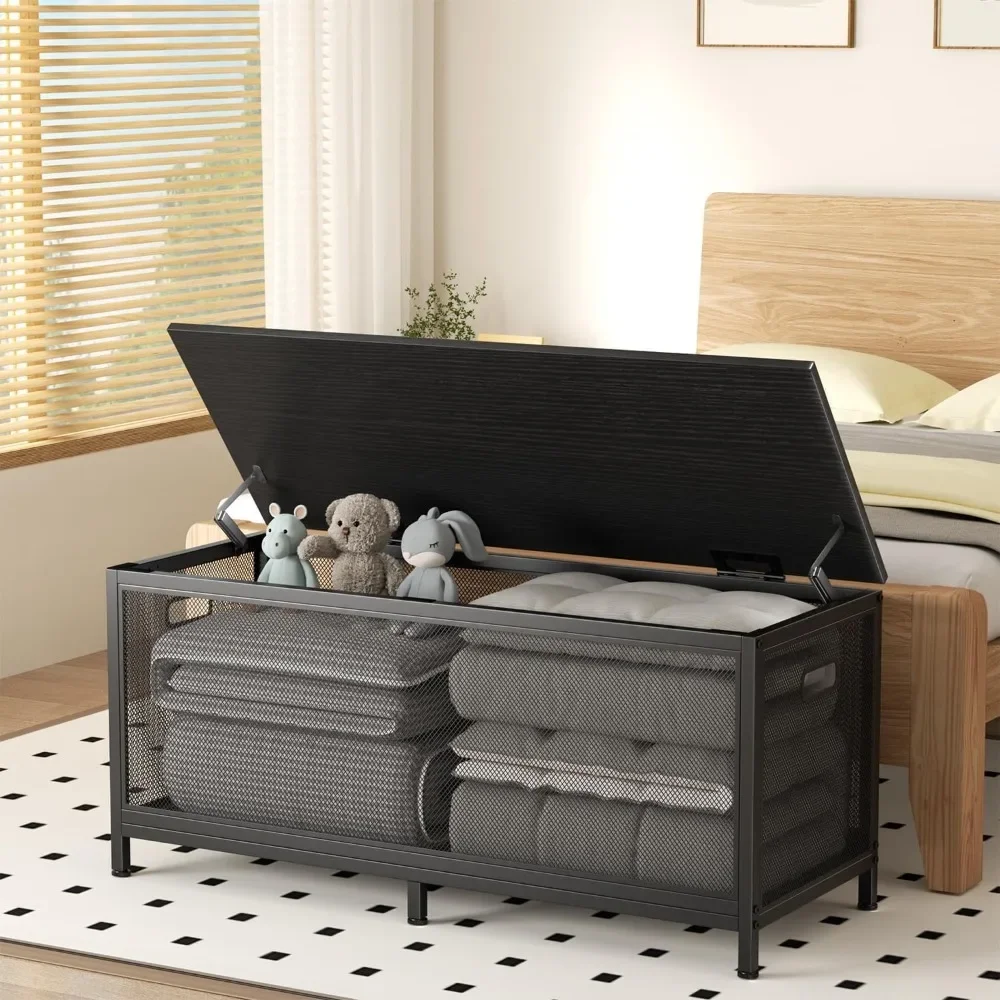 Storage Bench, Storage Chest with 2 Safety Hinges, Wooden Metal Frame Storage Trunk Easy Assembly