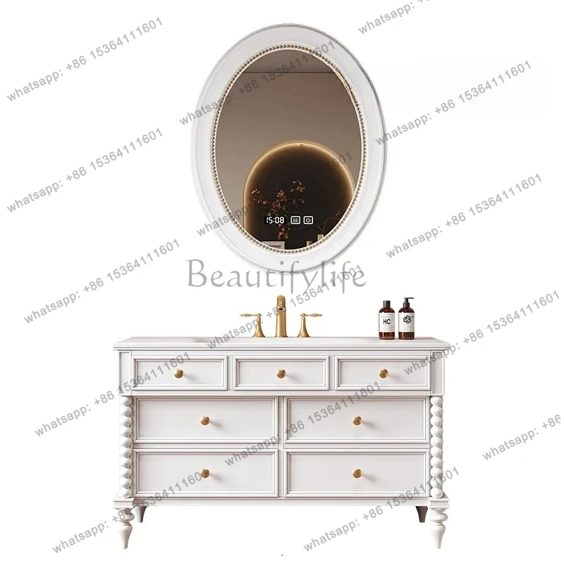 

French retro bathroom cabinet combination washstand oak floor-to-ceiling wash basin rock slab hot bending integrated basin