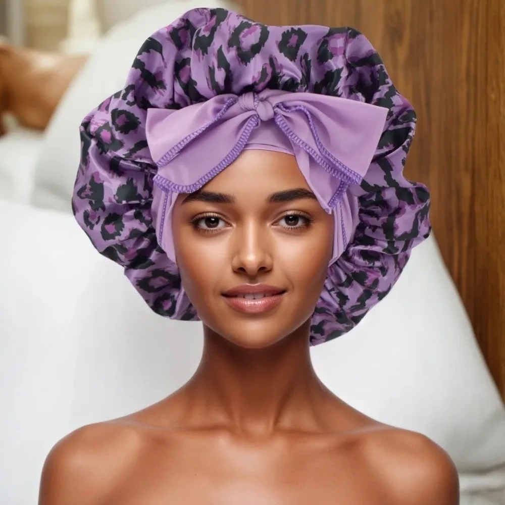 Fashion Silk Imitation Leopard Print Sleep Cap Breathable Comfortable Bowknot Decoration Ribbon Sleep Bonnets Hair Bonnet Beauty
