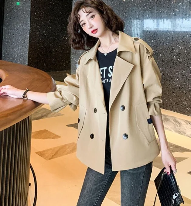 Frühling Herbst Frauen kurze Trench jacke lässig Schulter Abzeichen Revers Anzug Kragen dünne Stil Outwear