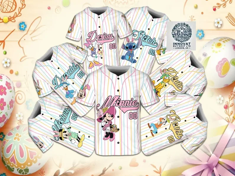 

Custom Mickey and Friends Easter Baseball Jersey Disney Character Ball Disney Easter Shirt Minnie Rabbit Children's Gift